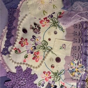 Junk Journal Kit Purple 20+Fabric Lace Button Embroidered
vintage Upcycled Small